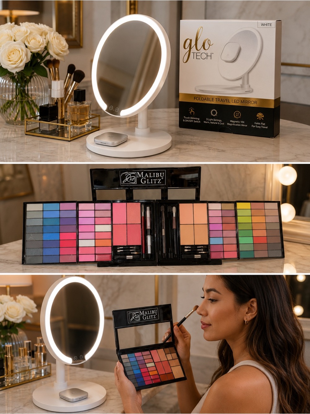 NWT GloTech LED Makeup Mirror + 2 Malibu Glitz Makeup Palettes Bundle